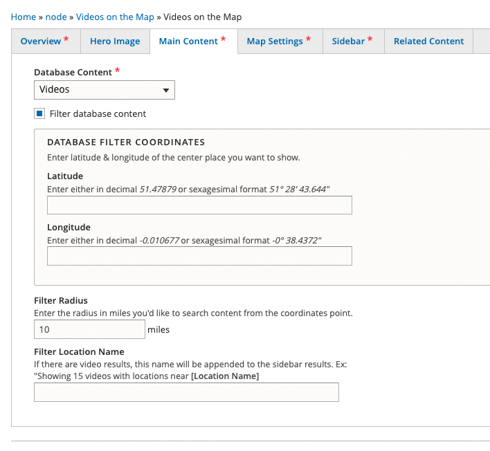 Screenshot of Drupal form showing fields used to configure map content, center point and default zoom level