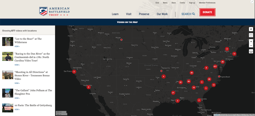 Screenshot of page highlighting location-based videos on a map of the United States