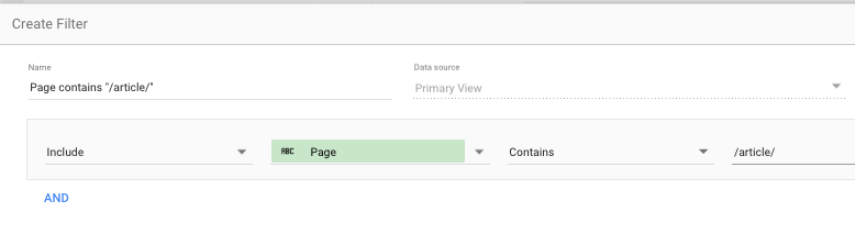 Screenshot of the Create Filter settings. Set to include Page that contains /article/