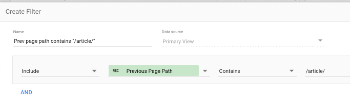 Screenshot shows Create Filter it is set to include previous page path when it contains /article/