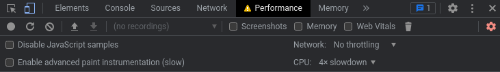 Browser Inspect tool on the Performance tab showing CPU at 4x slowdown