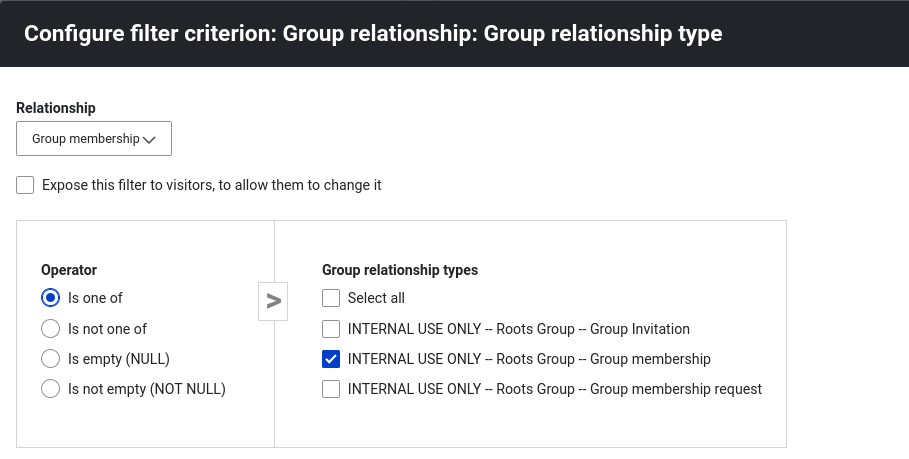 A View configuration setting. In the filter for Group Relationship type check only the type that corresponds to the Group membership entities.