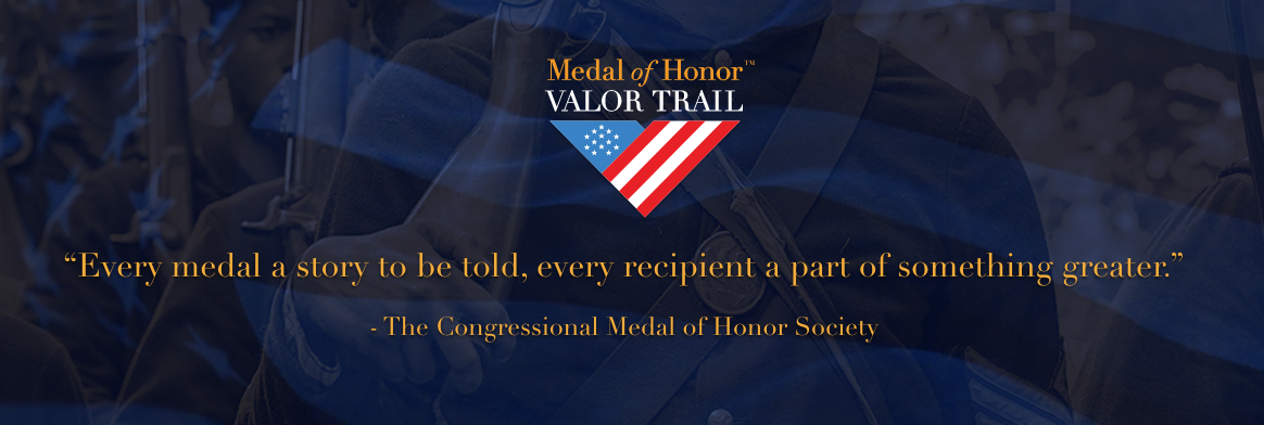 Screenshot. Medal of Honor Valor Trail landing screen. "Every medal a story to be told, every recipient a part of something greater." The Congressional Medal of Honor Society. Logos for The Congressional Medal of Honor Society and American Battlefield Trust are also shown.