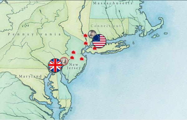 Screenshot. Older styled map shows a marker with the British flag and another with the early American flag.