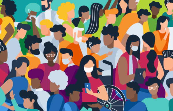 Drawing of people of various ethnic backgrounds and ages with brightly colored shirts, some with masks on, some with glasses, one in a wheelchair, one with a hearing device
