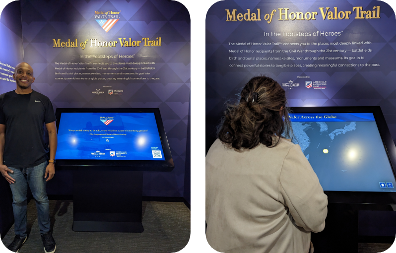 Side by side images of users and the kiosk. The left, a man stands in front of the kiosk smiling. The right, a woman's back is shown as she interacts with the kiosk