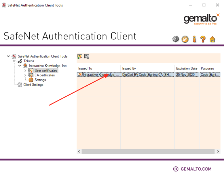 Screenshot shows user certificate highlighted with an arrow added pointing to the organization certificate