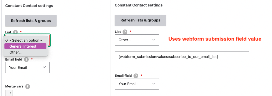 Screenshot shows Constant Contact settings and List dropdown open and Other selected which provides a text field for the webform submission token