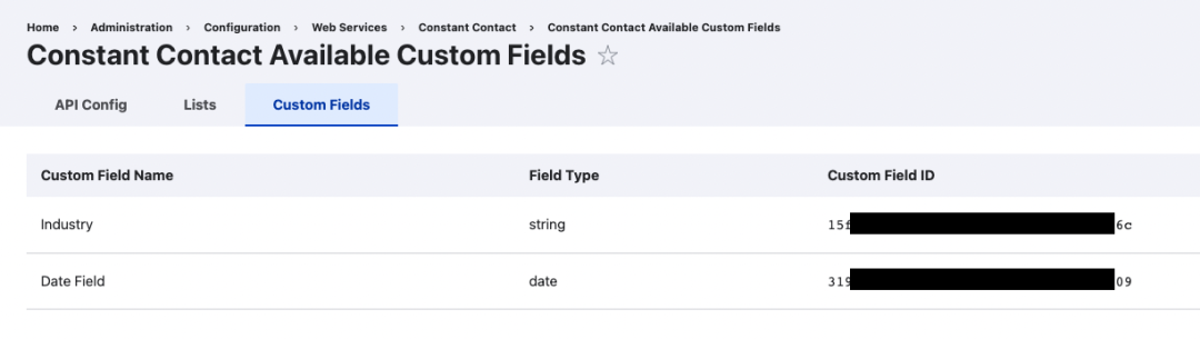 Screenshot shows Drupals Constant Contact Available Custom Fields