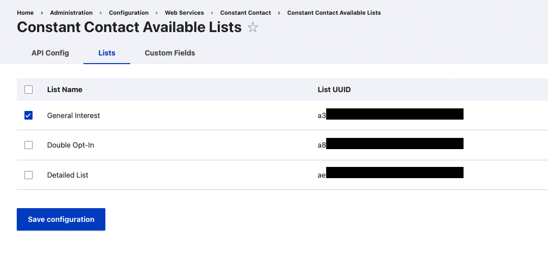 Screenshot of Drupal Constant Contact Available Lists