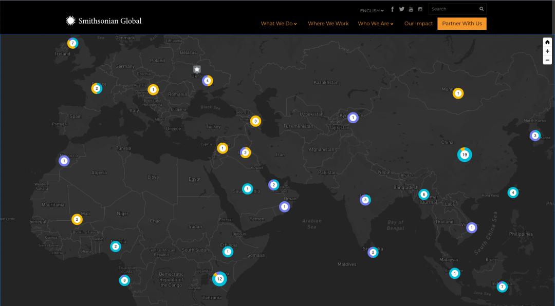 Screenshot of the SI Global Where We Work Map showing all their markers all over the world