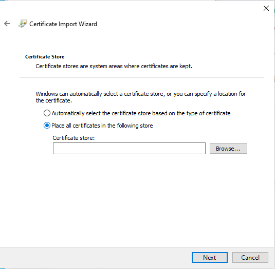 Certificate Import Wizard is shown. Place all certificates in the follow store is selected.