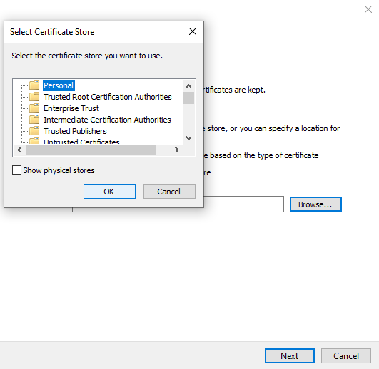Select Certificate Store pop up is shown with the Personal certificate store highlighted