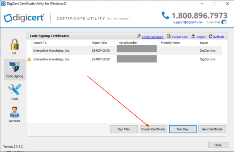 DigiCert Utility shown with the Code Signing Certificates and an arrow added pointing to the Export Certificates button at the bottom