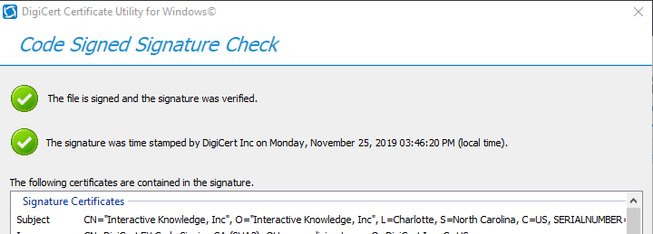Code Signed Signature Check window is shown