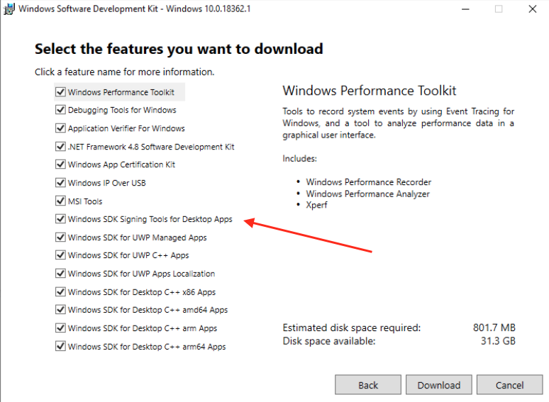 Download window shown asking user to Select the features you  want to download. Arrow is added pointing to the Windows SDK Signing Tools for Desktop Apps item