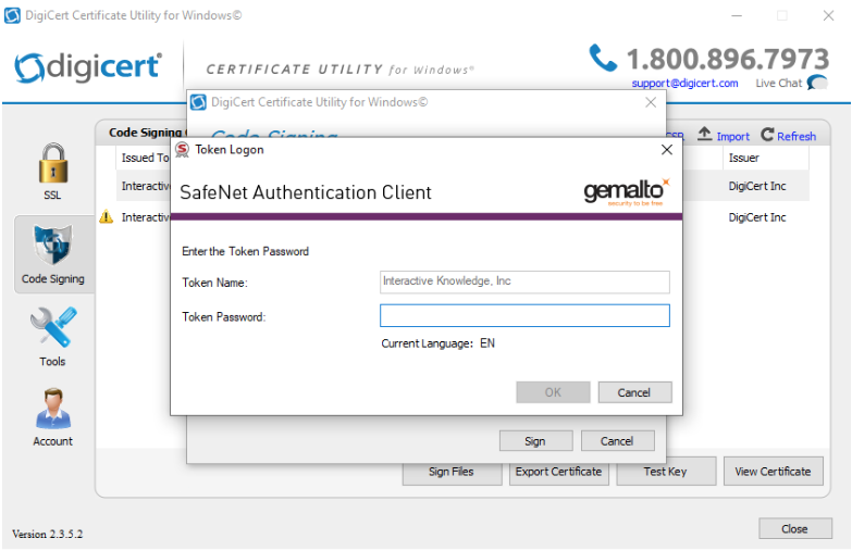 A dialog from SafeNet Authentication Client is shown. A field for the Token Password that was created in Step 1 is shown.