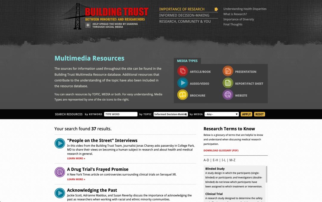 Screenshot of the Building Trust website Multimedia Resources page