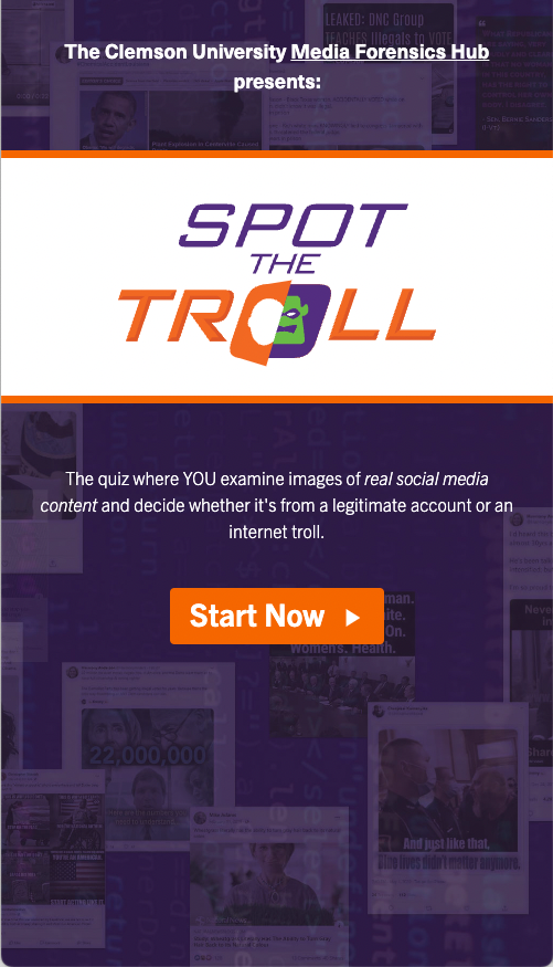 Screenshot of the Spot the Troll homepage, The quiz where YOU examine images of real social media content and decide whether it's from a legitimate account or an internet troll.