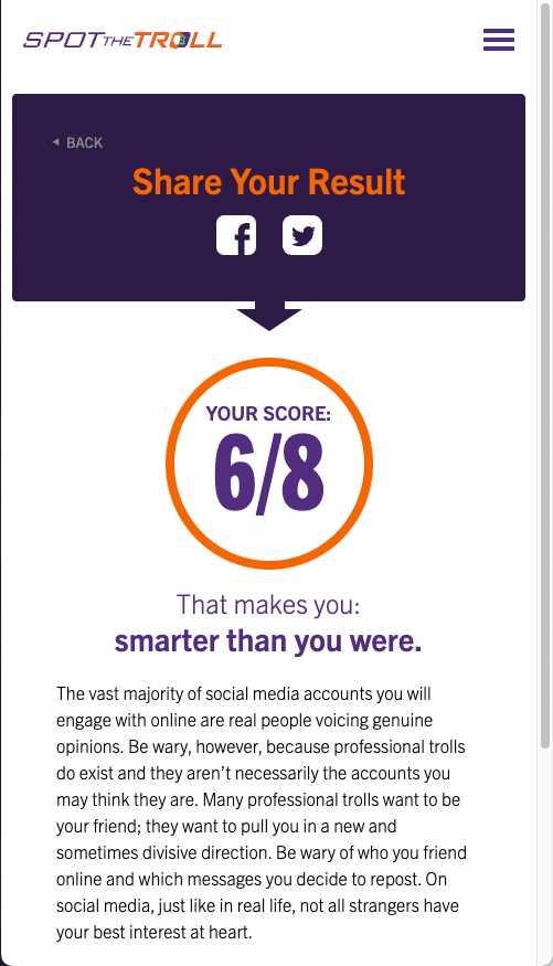 Screenshot of the Spot the Troll Results screen. Based on your answers you are provided a score. Shown is 6/8, That makes you smarter then you were.