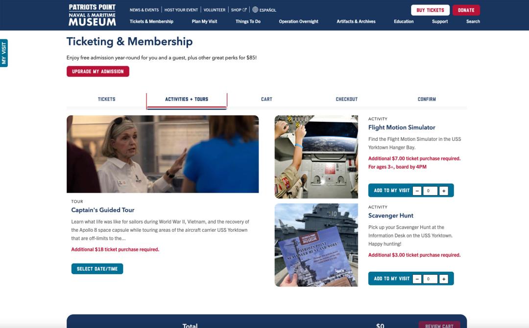 a website page from the Patriots Point ticketing page