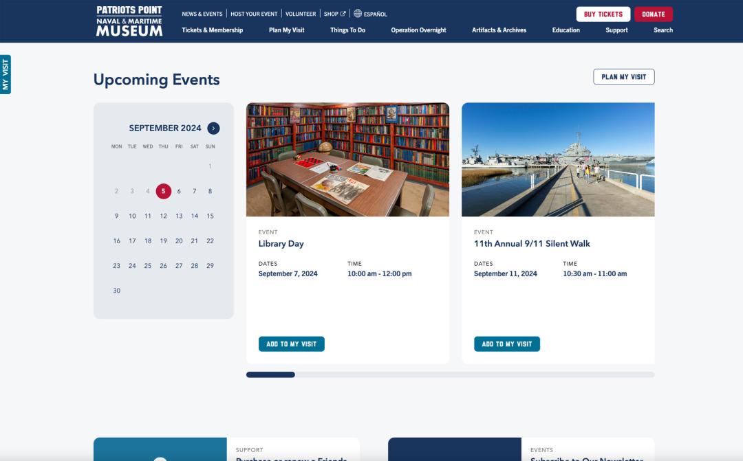 a website page from the Patriots Point events page